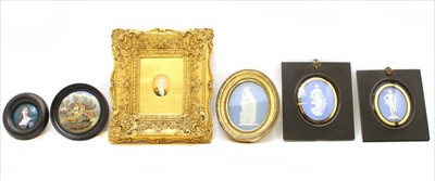 Lot 240 - Three Wedgwood jasperware plaques of classical maidens