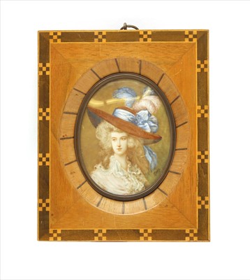 Lot 204 - A 19th century miniature portrait of a woman wearing a large brown hat with blue bow
