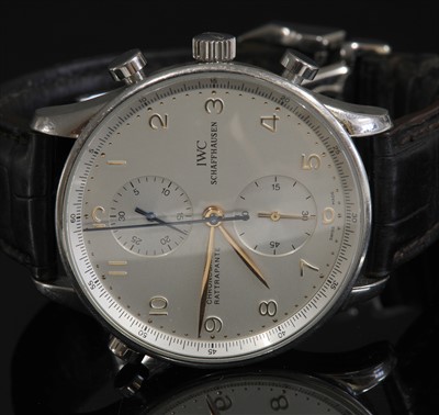 Lot 401 - A gentlemen's stainless steel IWC Schaffhausen 'Portugieser Chronograph Rattrapante' watch