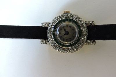 Lot 112 - A ladies' Art Deco 18ct two colour gold Longines emerald and diamond cocktail watch, c.1920