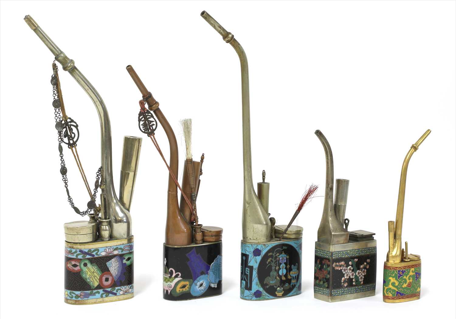 Lot 45 - A collection of five Chinese cloisonné water pipes