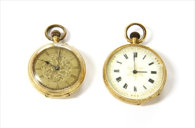 Lot 61 - A Swiss gold pin set open-faced fob watch