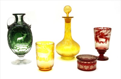 Lot 370 - Coloured glassware, flash cut with stags