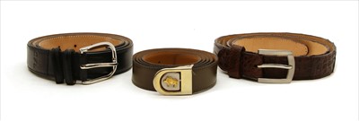 Lot 1143 - Three gentleman's leather belts, black, brown and olive green