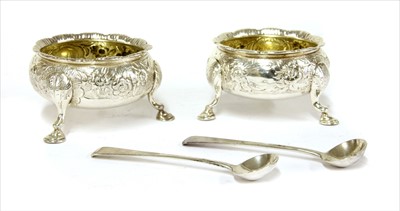 Lot 46 - A pair of George II silver cauldron salts