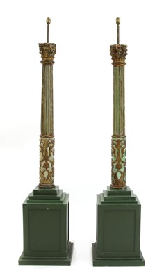 Lot 150 - A pair of carved and painted wood columnar floor lamps