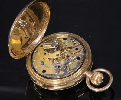 Lot 336 - A Swiss 18ct gold quarter repeater side wind half hunter pocket watch