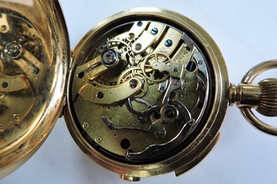 Lot 336 - A Swiss 18ct gold quarter repeater side wind half hunter pocket watch