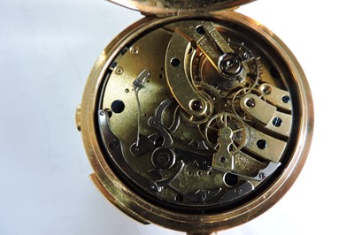 Lot 336 - A Swiss 18ct gold quarter repeater side wind half hunter pocket watch