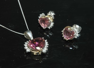 Lot 259 - An 18ct white and rose gold, pink tourmaline, heart-shaped pendant and earrings suite