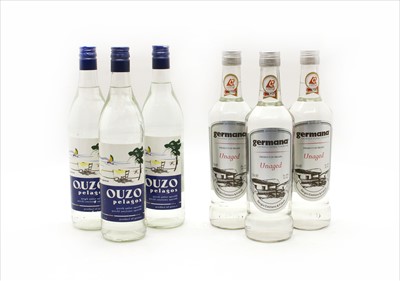 Lot 335 - Germana Cachaca, twelve bottles and Pelagos Ouzo, six bottles, eighteen bottles in total