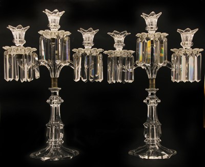 Lot 255 - A pair of 19th century cut glass three light two branch table lustres