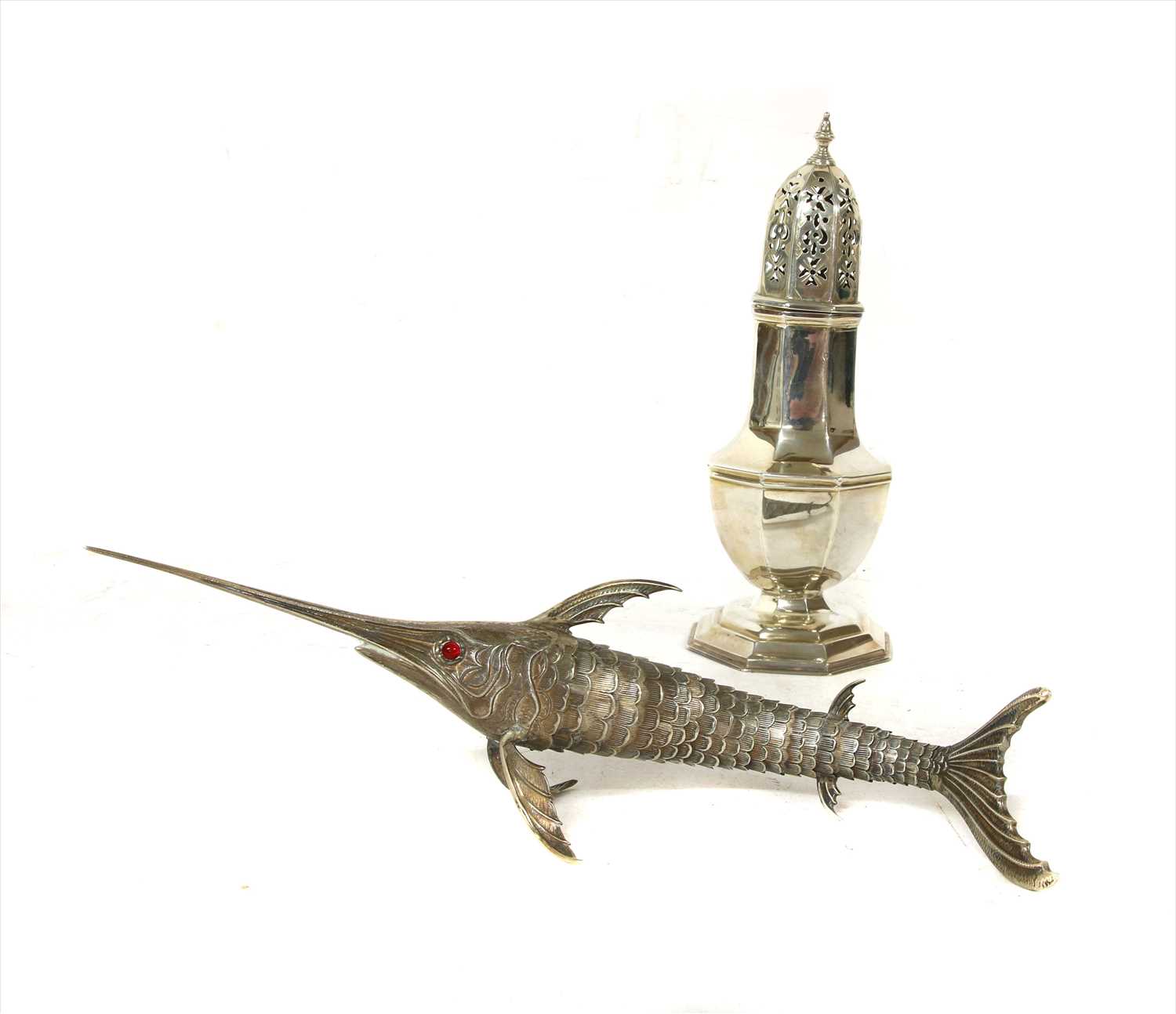 Lot 165 - A Spanish silver swordfish and a silver sugar castor