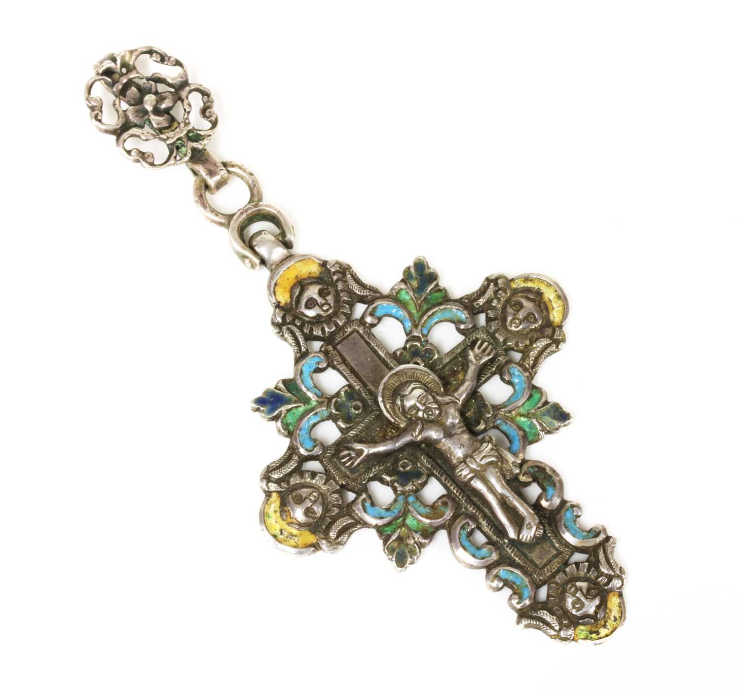 Lot 117 - A Continental antique silver and polychrome enamel crucifix