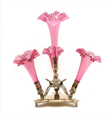 Lot 452 - A silver plated and cranberry glass epergne