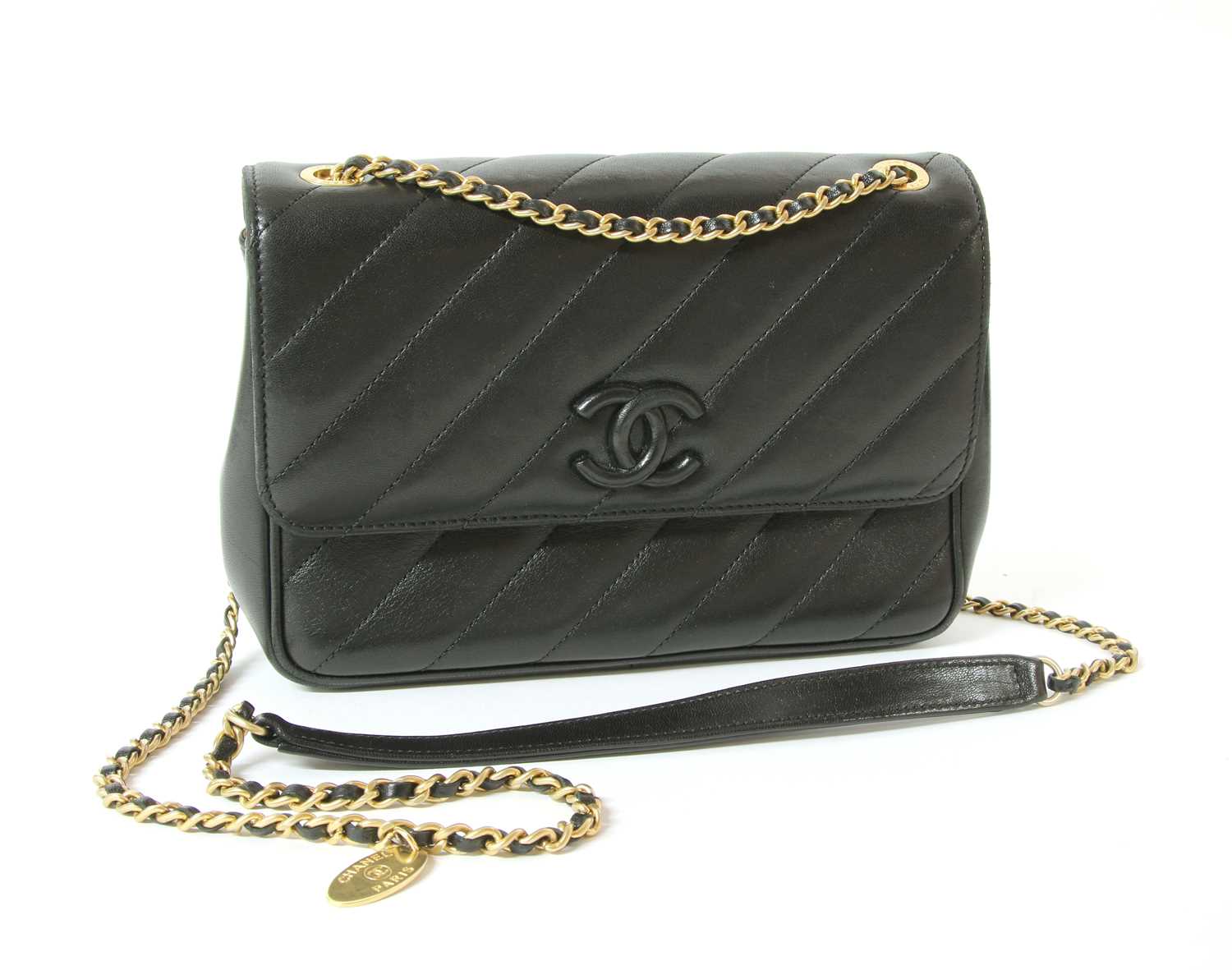 Lot 410 - A Chanel black chevron flap bag,