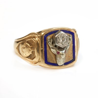 Lot 493 - An American masonic two colour gold and diamond Elk Club, diamond and enamel BPOE lodge ring