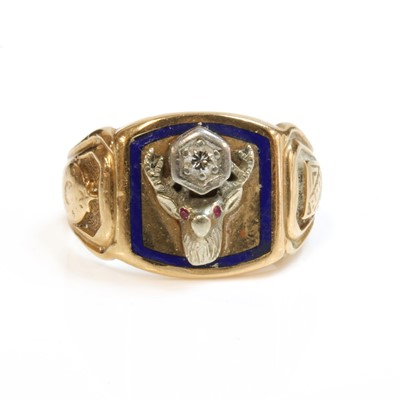 Lot 493 - An American masonic two colour gold and diamond Elk Club, diamond and enamel BPOE lodge ring