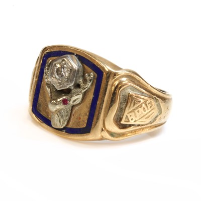 Lot 493 - An American masonic two colour gold and diamond Elk Club, diamond and enamel BPOE lodge ring