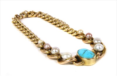 Lot 79 - A gold turquoise and pearl curb bracelet