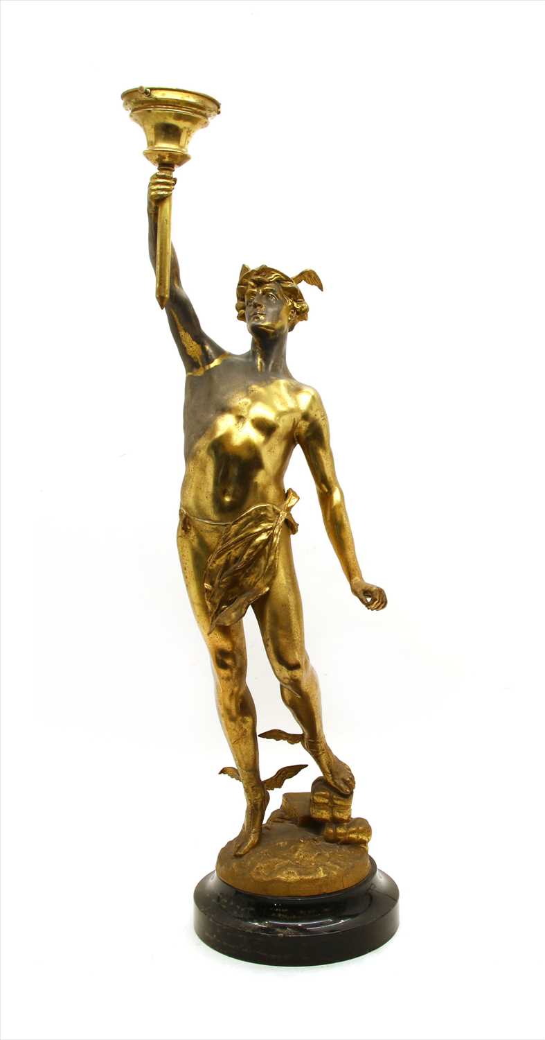Lot 211 - A bronzed figural table lamp depicting Hermes