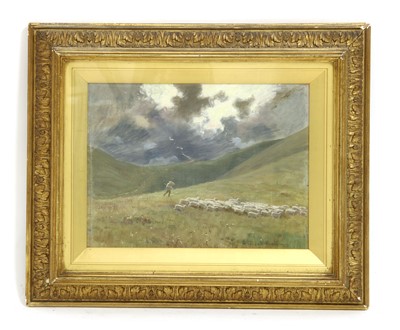 Lot 325 - George Faulkner Wetherbee, RI, ROI, Sheep and shepherd with a coming storm