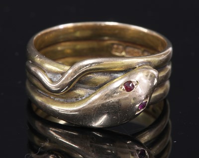 Lot 22 - A Victorian 15ct gold ruby set snake or serpent ring