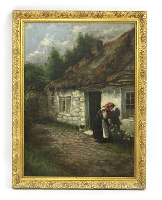 Lot 334 - Mary A McGee (British, 19th Century), A woman tending flowers at a cottage door
