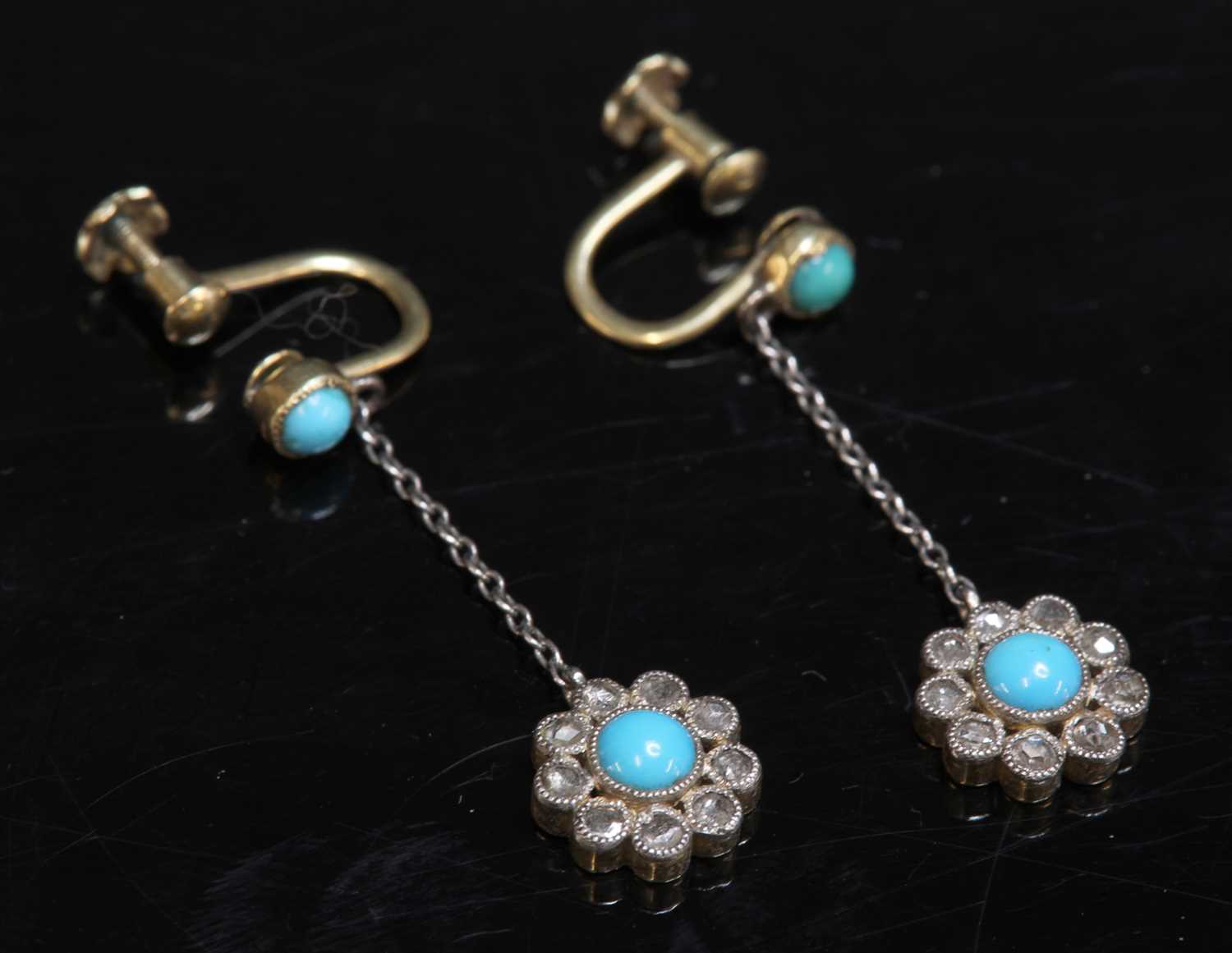 Lot 53 - A pair of Edwardian turquoise and diamond daisy cluster drop earrings