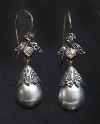 Lot 164 - A pair of cultured pearl diamond drop earrings