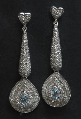Lot 205 - A pair of white gold aquamarine and diamond drop earrings