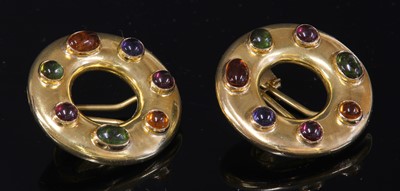 Lot 177 - A pair of Continental gold and varicoloured tourmaline hoop earrings