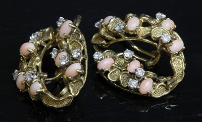 Lot 157 - A pair of gold coral and diamond earrings, c.1970