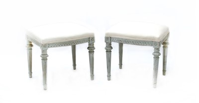 Lot 492 - A pair of Swedish style grey painted upholstered stools