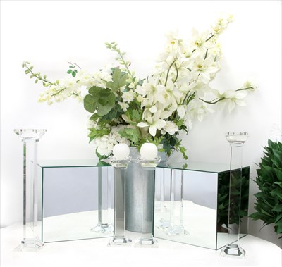 Lot 1205 - Two pairs of glass candlesticks, and two mirrored cubes