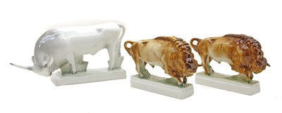 Lot 167 - A pair of Hungarian Zsolnay Pecs porcelain bull figures