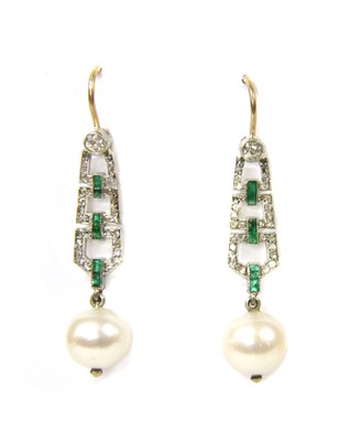Lot 16 - A pair of platinum and gold, diamond, emerald and pearl drop earrings