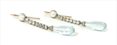 Lot 18 - A pair of platinum and gold, aquamarine, diamond and pearl drop earrings