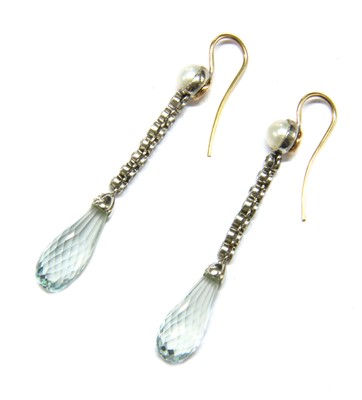 Lot 18 - A pair of platinum and gold, aquamarine, diamond and pearl drop earrings