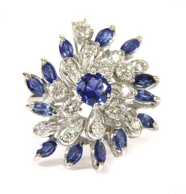 Lot 35 - A white gold sapphire and diamond cocktail cluster ring, c.1970