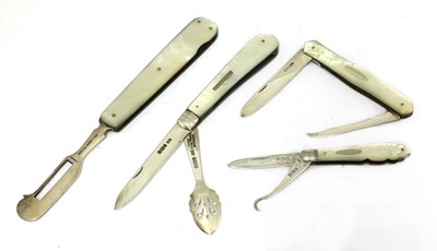 Lot 23 - Three silver and mother-of-pearl combination folding fruit knives
