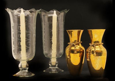 Lot 192 - A pair of cut glass engraved hurricane lamps