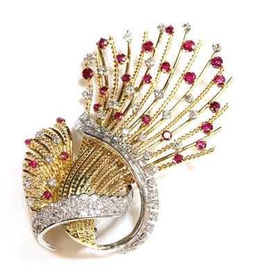 Lot 141 - A two colour gold ruby and diamond spray brooch, c.1950