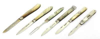Lot 27 - Five silver and mother-of-pearl folding fruit knives and a fork