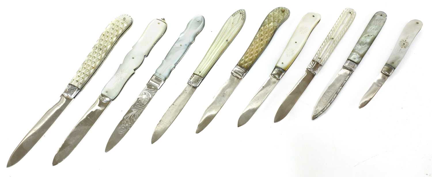 Lot 36 - Nine silver and mother-of-pearl folding fruit knives
