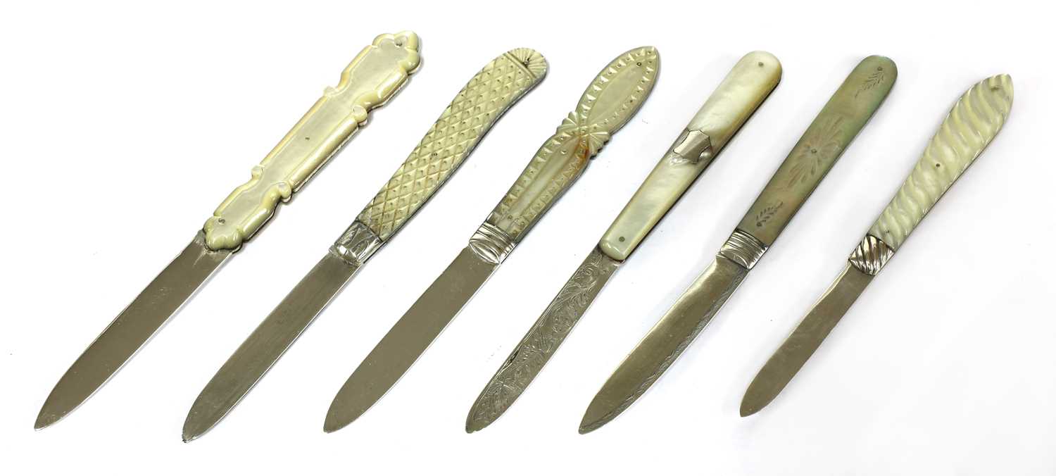 Lot 35 - Six silver and mother-of-pearl folding fruit knives