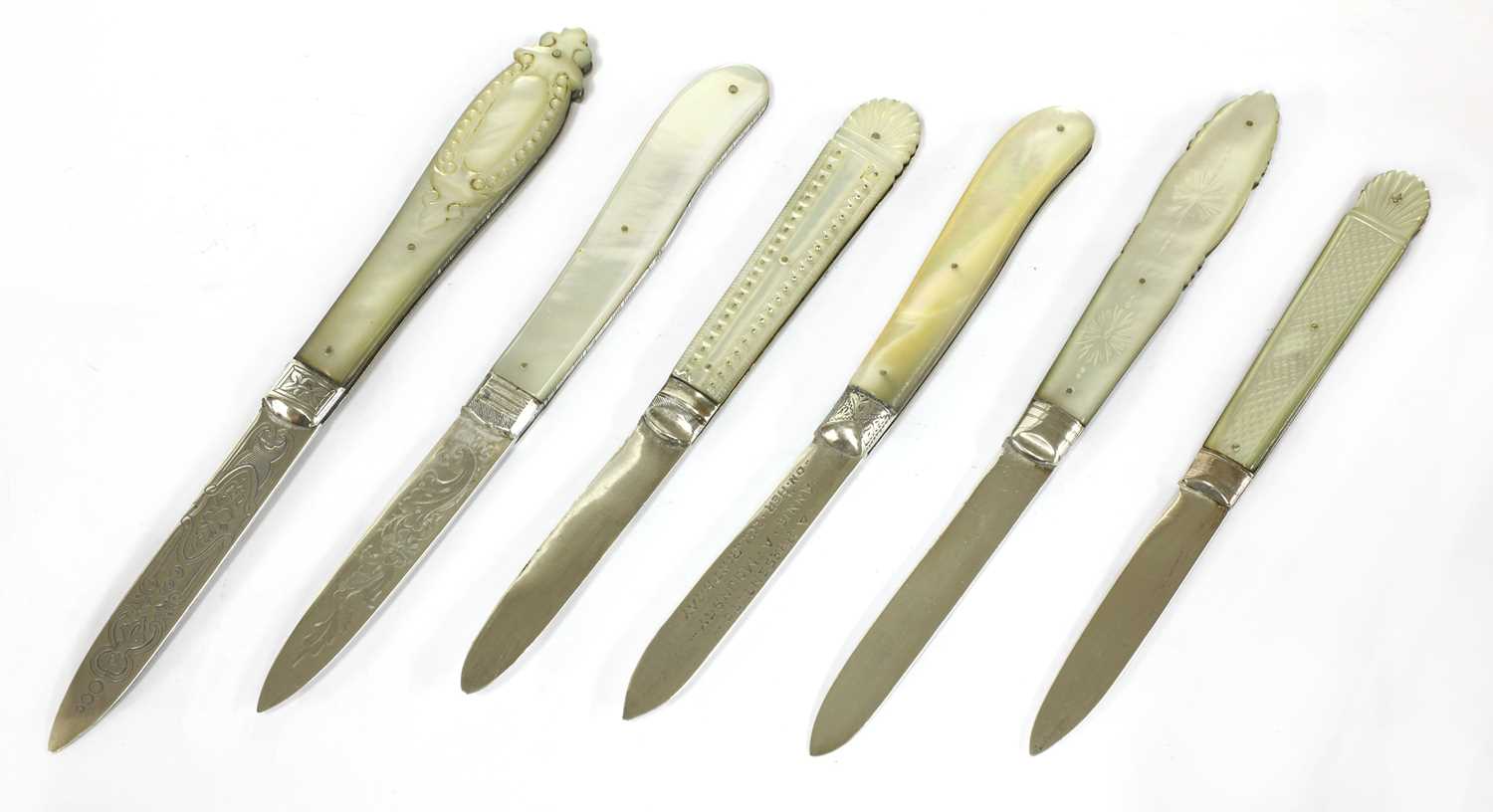 Lot 93 - Six silver and mother-of-pearl folding fruit knives