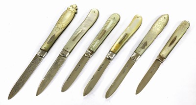 Lot 93 - Six silver and mother-of-pearl folding fruit knives
