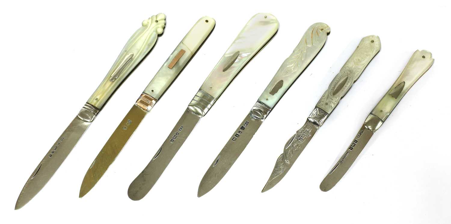Lot 43 - Six silver and mother-of-pearl folding fruit knives