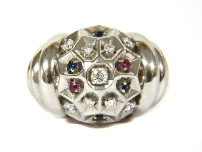 Lot 47 - A French white gold diamond, sapphire and ruby modernist ring, c.1960